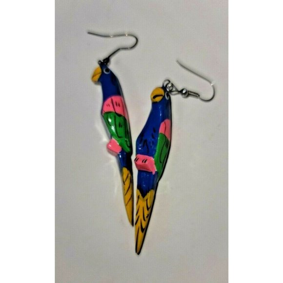 Dangle Wooden Parrot Earrings Handmade Carved & Painted 3" Tropical Birds Set - Picture 1 of 3